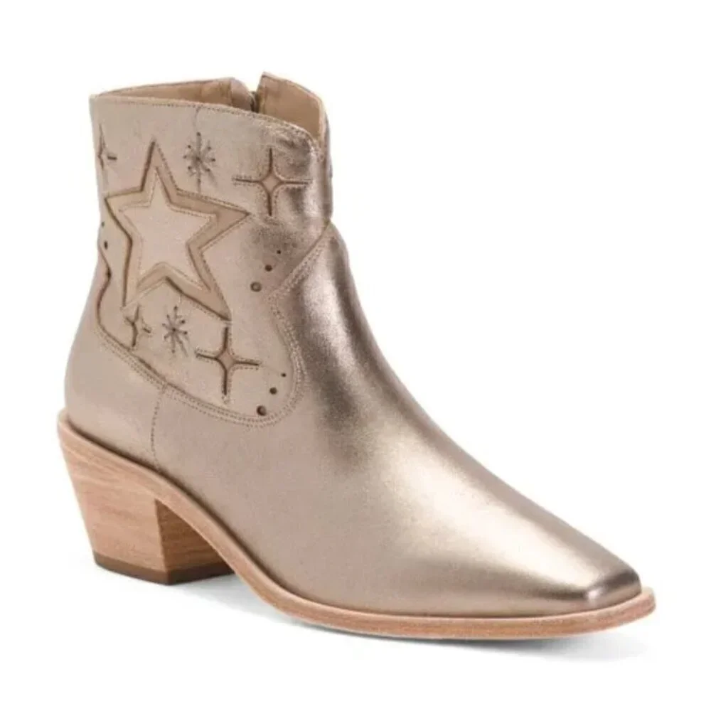 New Johnny Was Stargazer Leather Gold Metallic Ankle Western Booties 7.5 US NWT